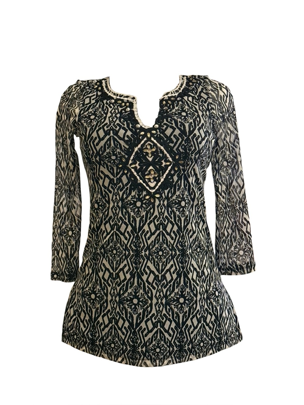 NWT INC International Concepts Black White Beaded Rhinestones Size Small Tunic